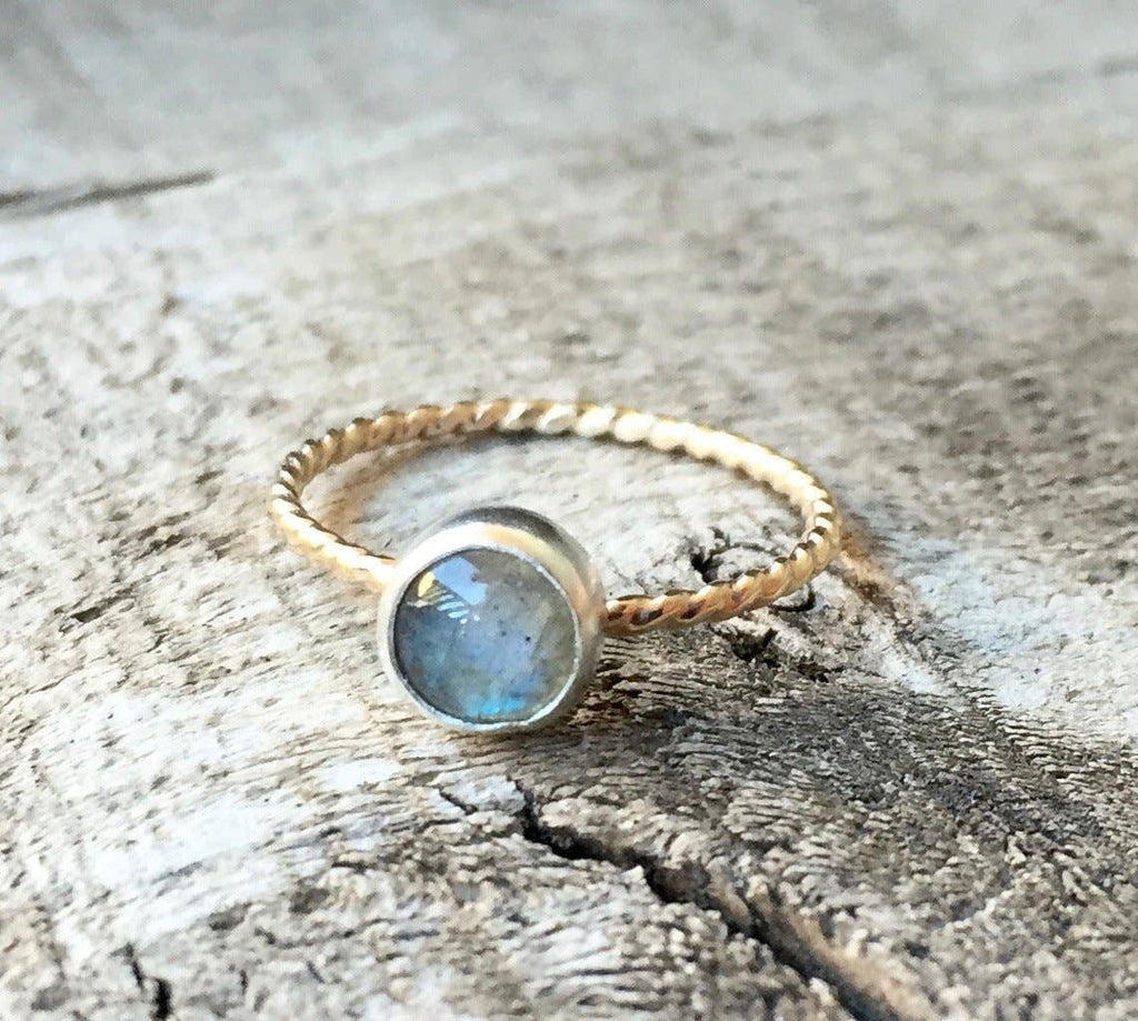 Gilded Bug Jewelry - Romantic Flashy Labradorite Sterling Silver and 14K Gold Filled Twisted Band Ring