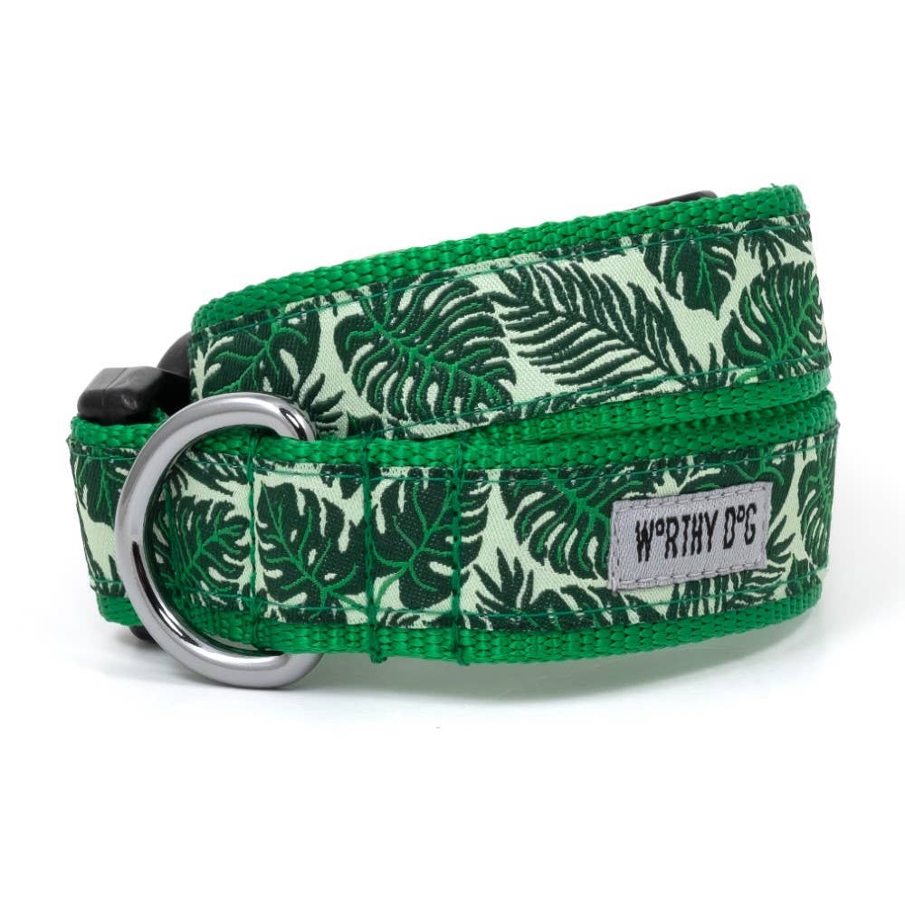 The Worthy Dog - Tropical Leaves Collar: Large / Green