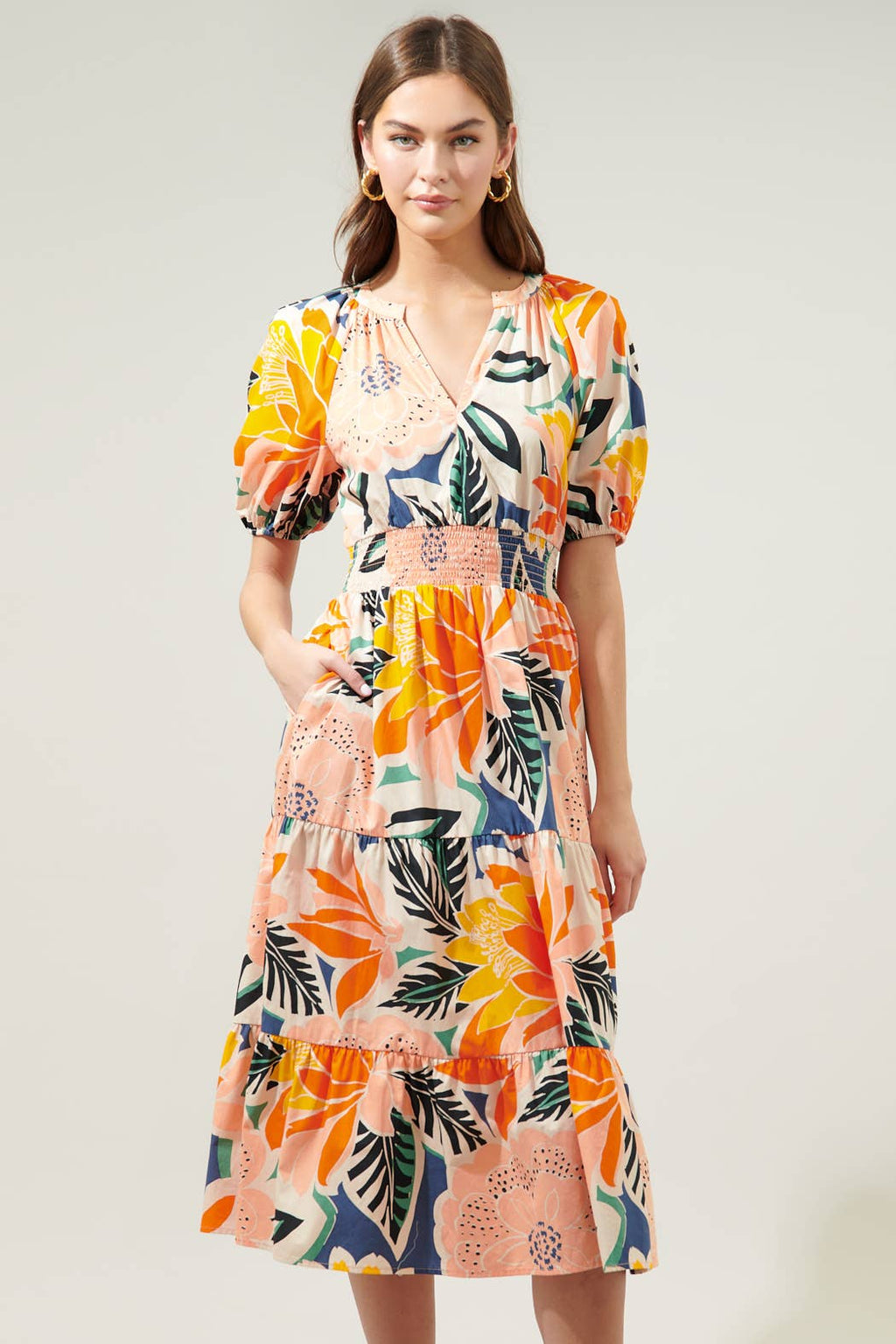 Sugarlips - Orange Blossom Hacienda Puff Sleeve MIdi Dress