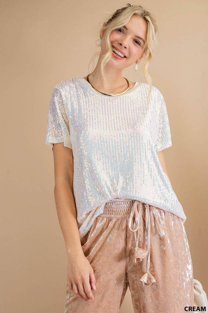 Olive and Leaf - MINI SEQUINS SOFT RAYON LINED NECK CONTRAST SHORT SLEEVE TOP