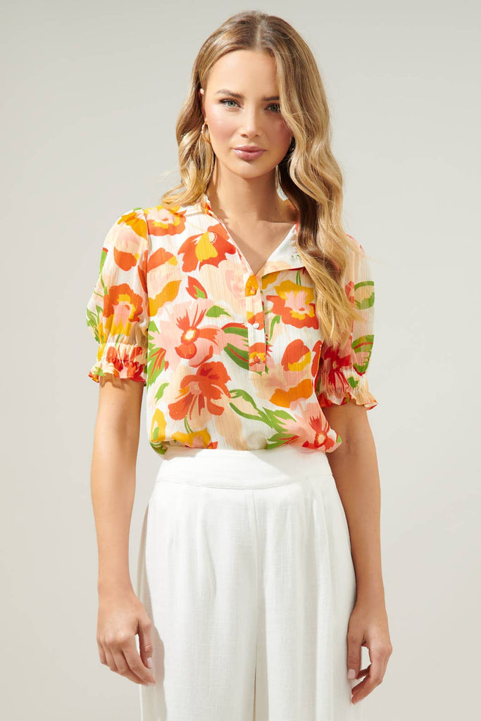 Sugarlips - Kailua Floral Tailwind Half Button Front Blouse